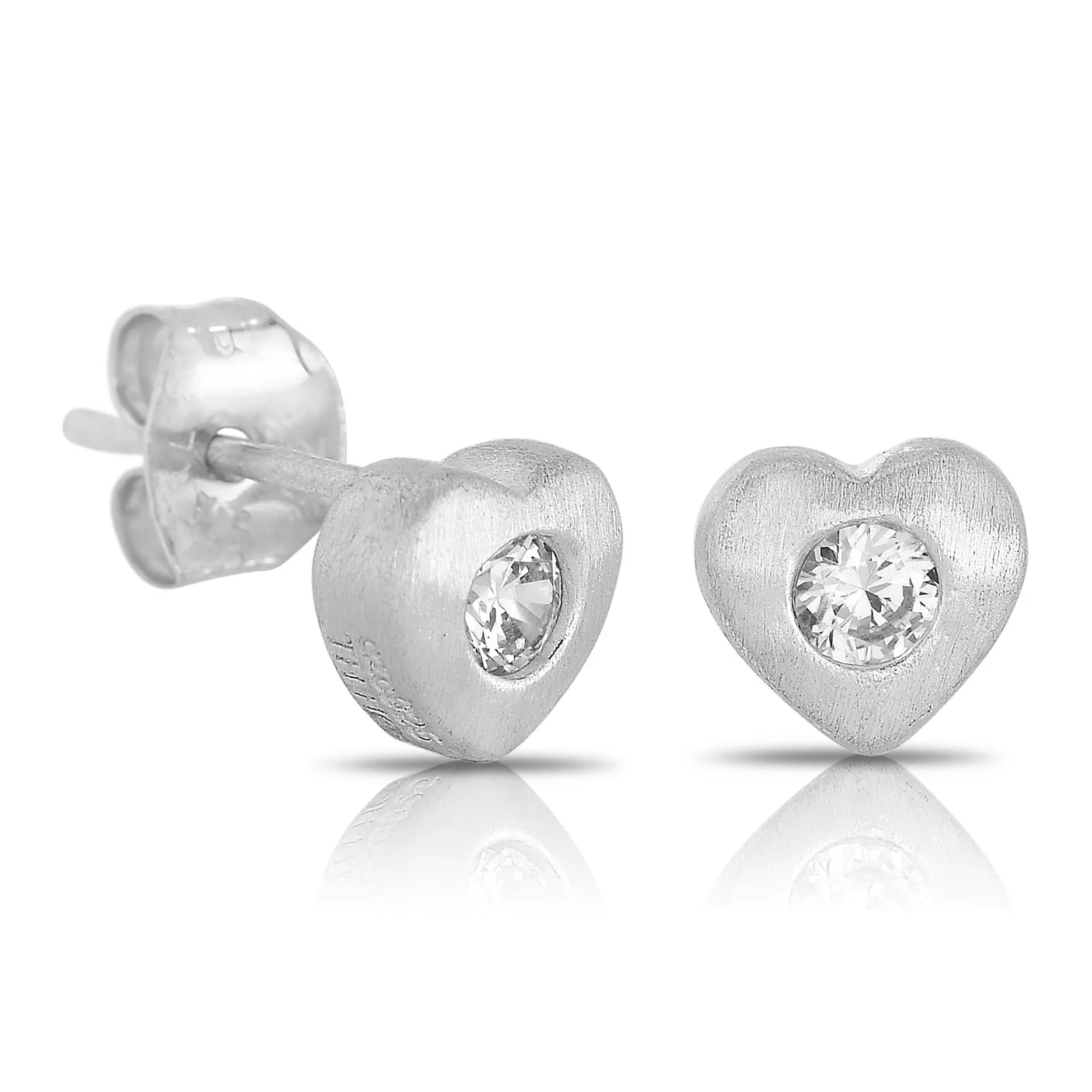 C.Z. Sterling Silver Rhodium Plated Brushed Bezel Set Heart Shape Earrings