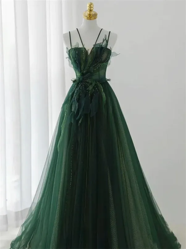Dark Green Beaded Tulle A-line Prom Dress, Green Evening Formal Dress