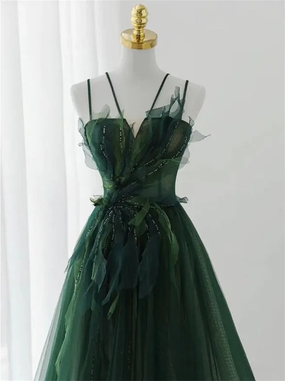 Dark Green Beaded Tulle A-line Prom Dress, Green Evening Formal Dress