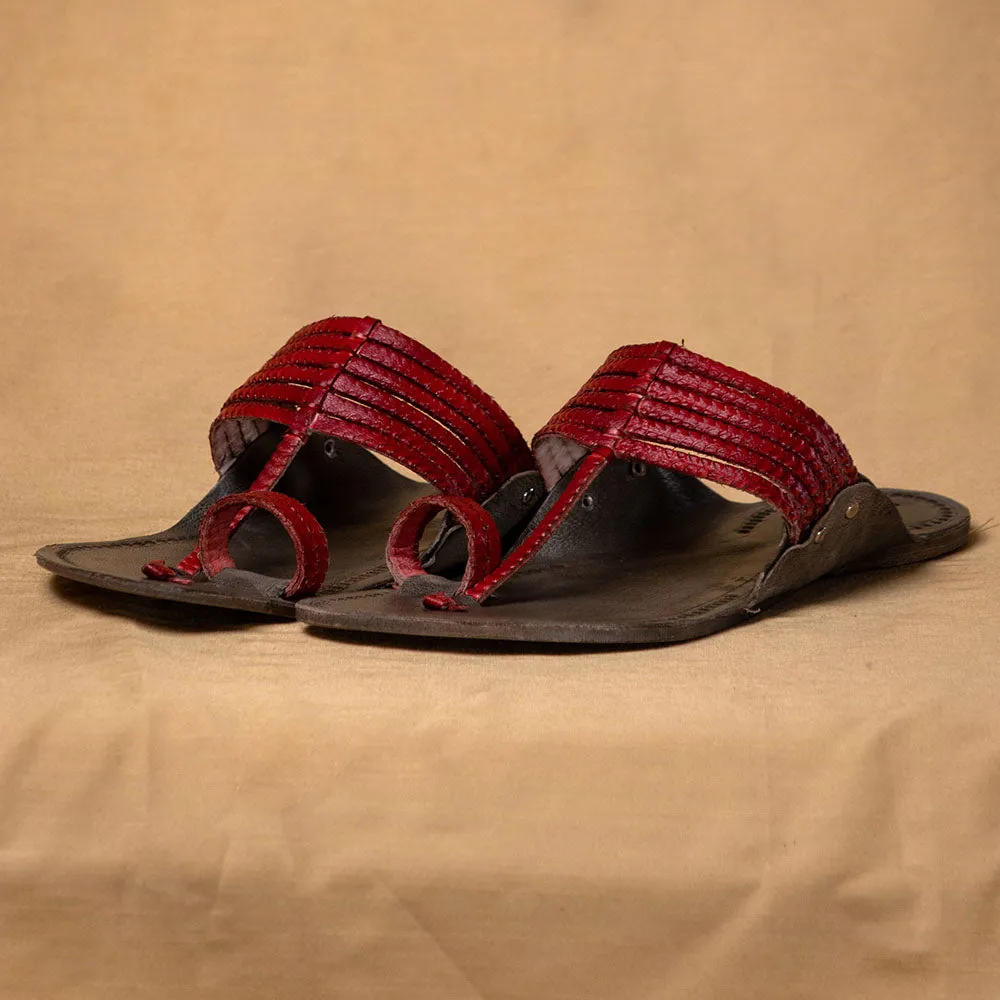 Grey & Red - Men Feet First Fashion: Classic Kolhapuri Leather Slippers