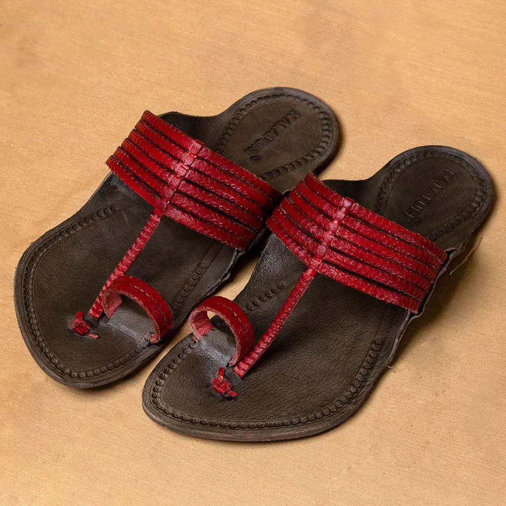 Grey & Red - Men Feet First Fashion: Classic Kolhapuri Leather Slippers