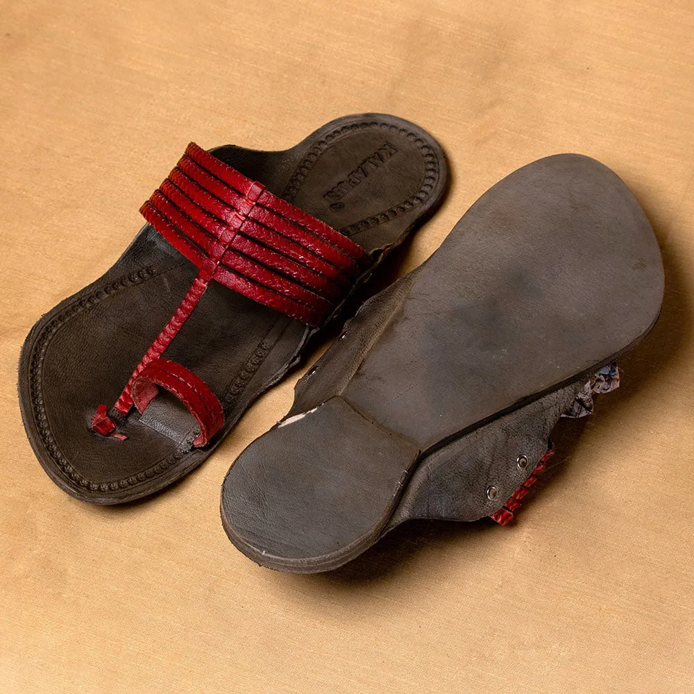 Grey & Red - Men Feet First Fashion: Classic Kolhapuri Leather Slippers