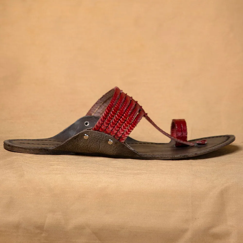 Grey & Red - Men Feet First Fashion: Classic Kolhapuri Leather Slippers