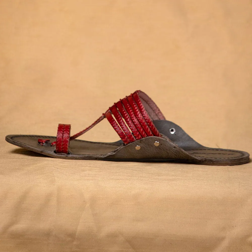 Grey & Red - Men Feet First Fashion: Classic Kolhapuri Leather Slippers