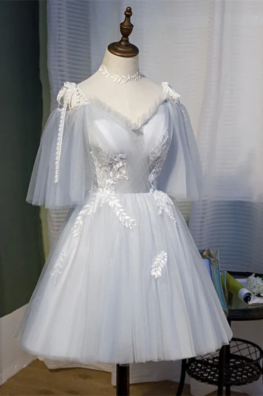 Light Grey 3 Styles Appliques Tulle Homecoming Dress