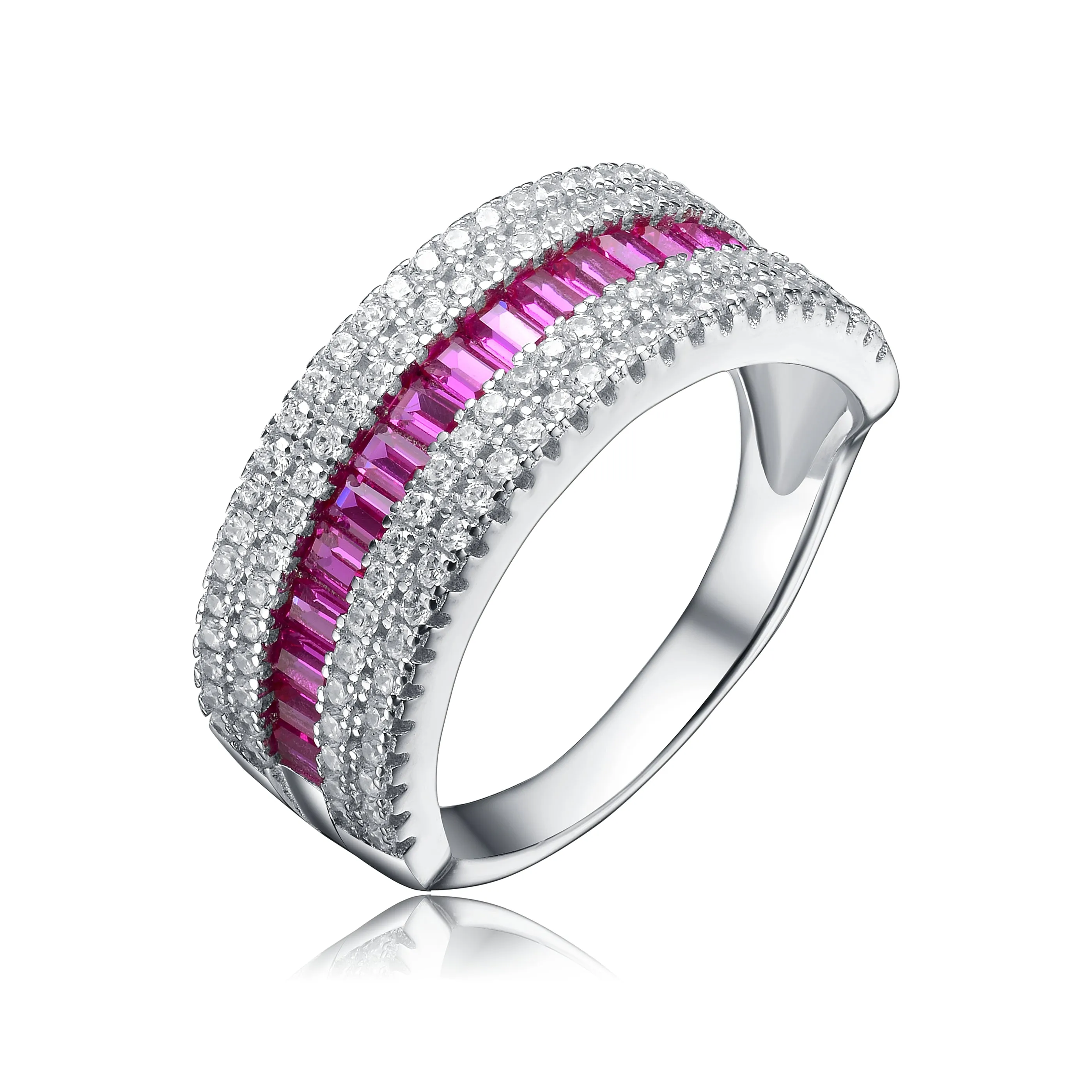 Sterling Silver Ruby and Clear Cubic Zirconia Triple Row Ring