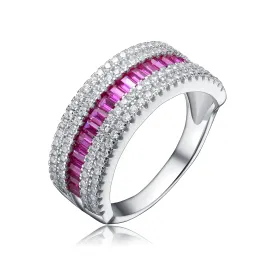 Sterling Silver Ruby and Clear Cubic Zirconia Triple Row Ring